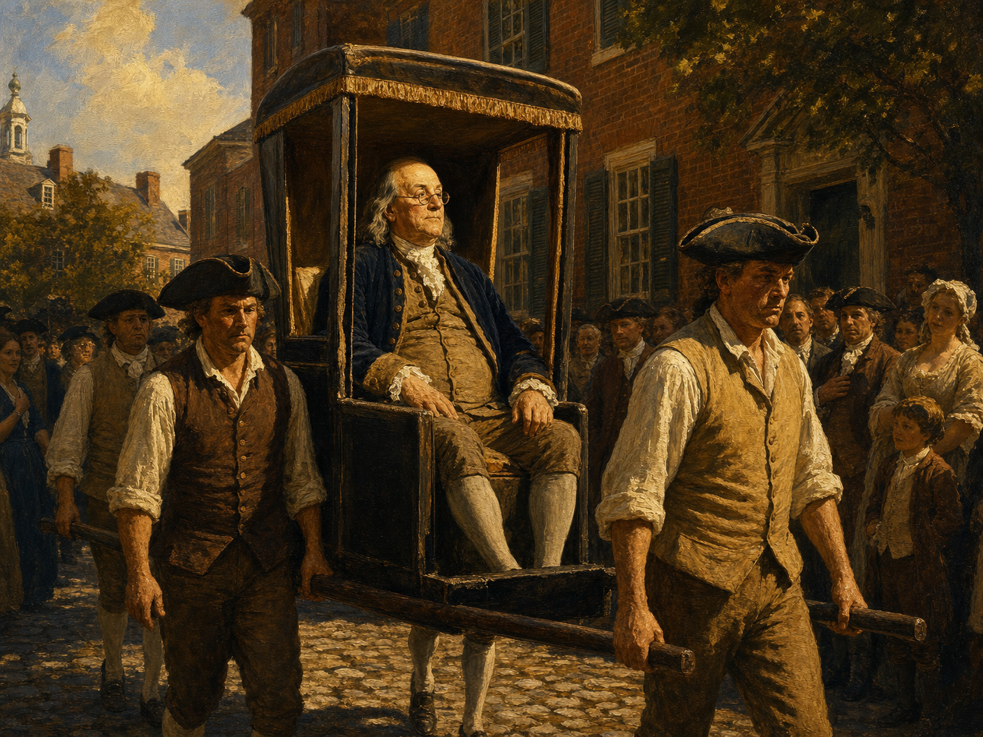 Benjamin Franklin being carried in a sedan chair through Philadelphia streets on his way to the Constitutional Convention