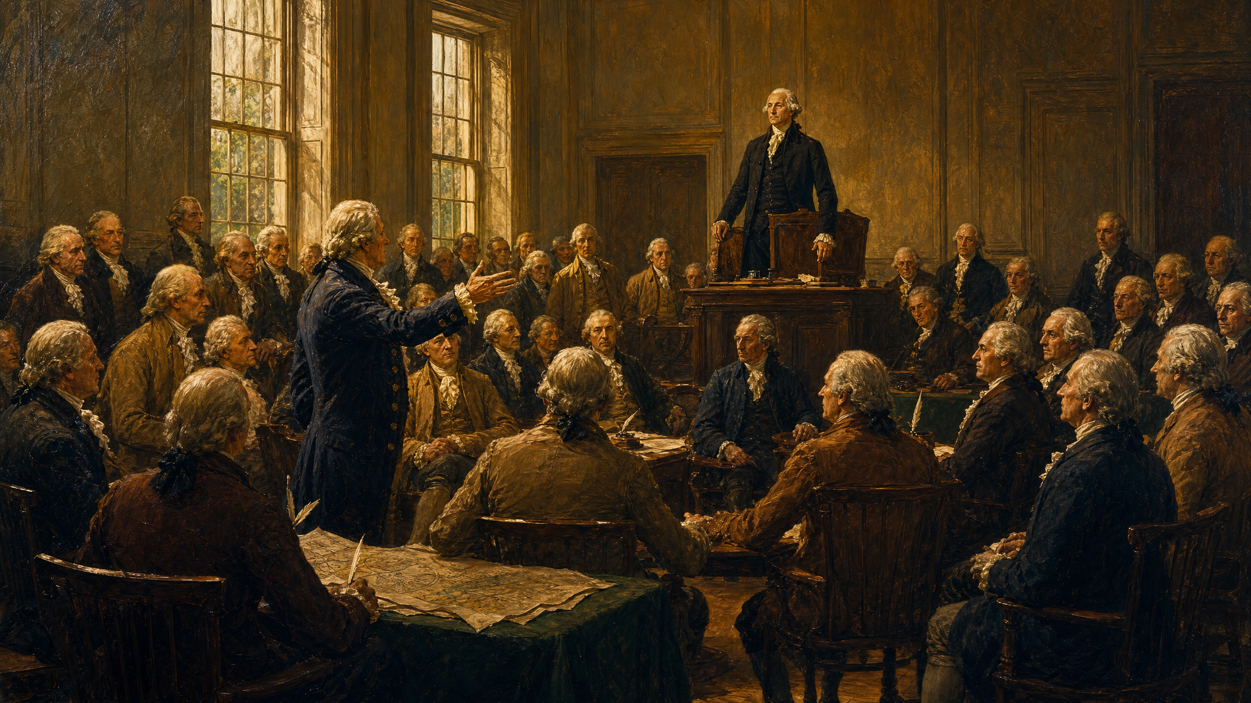 Interior of Independence Hall during the Constitutional Convention with delegates debating and George Washington presiding
