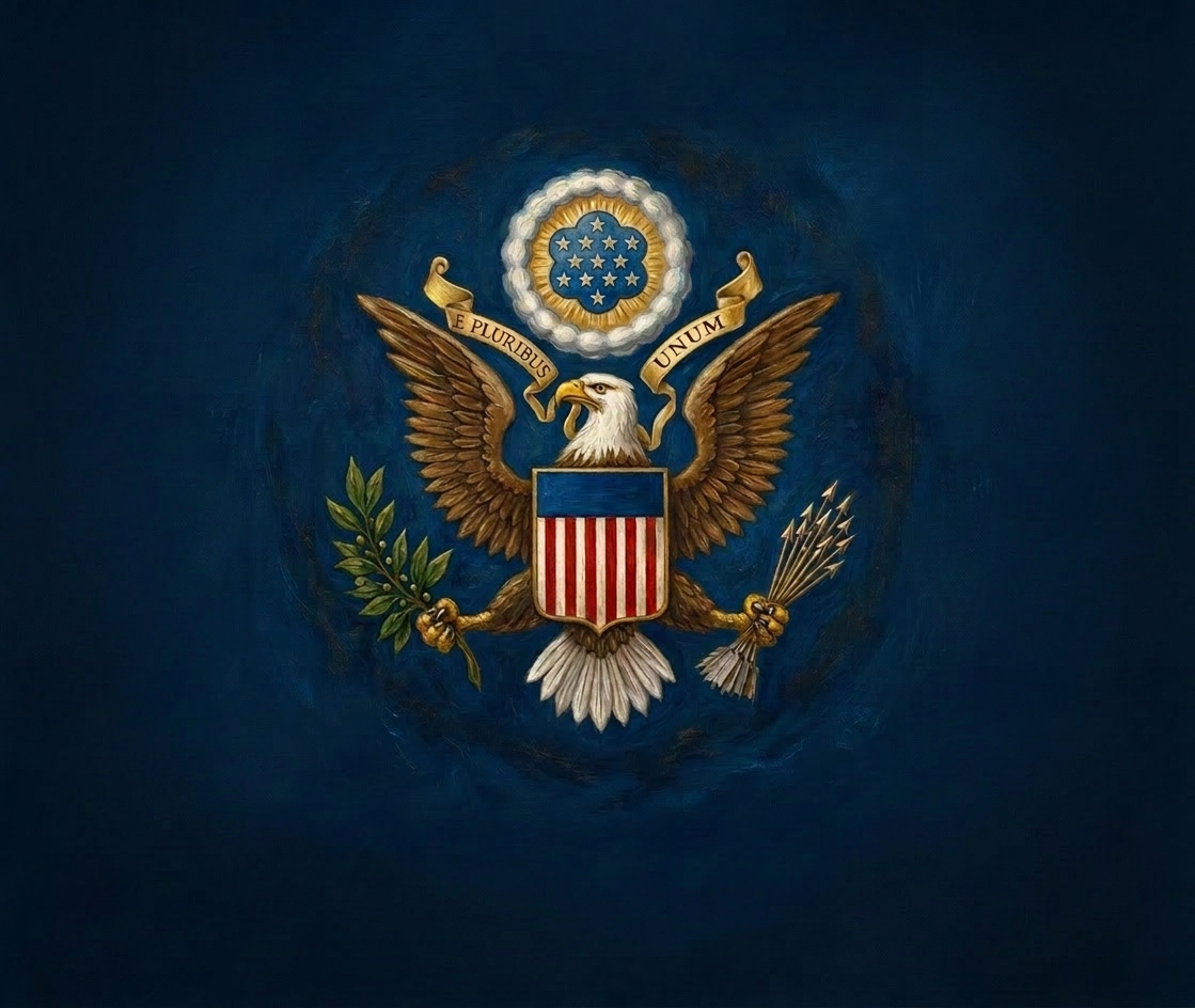 Close-up oil painting of the Great Seal eagle bearing the heraldic shield, olive branch, thirteen arrows, and E Pluribus Unum ribbon