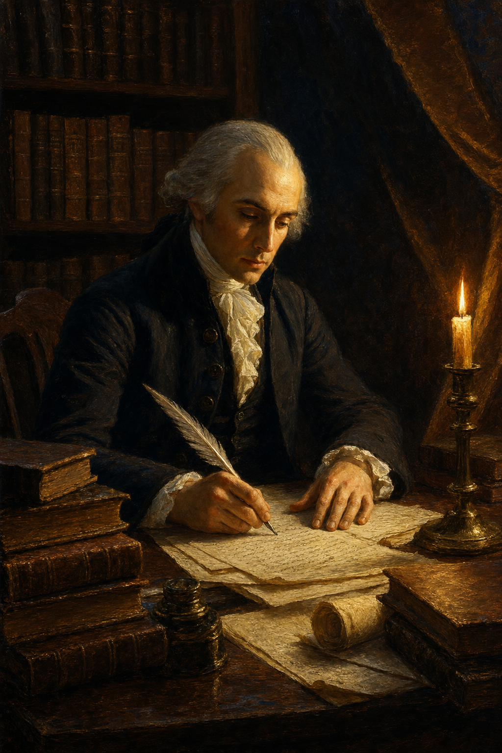 James Madison writing at a candlelit desk surrounded by books and manuscripts