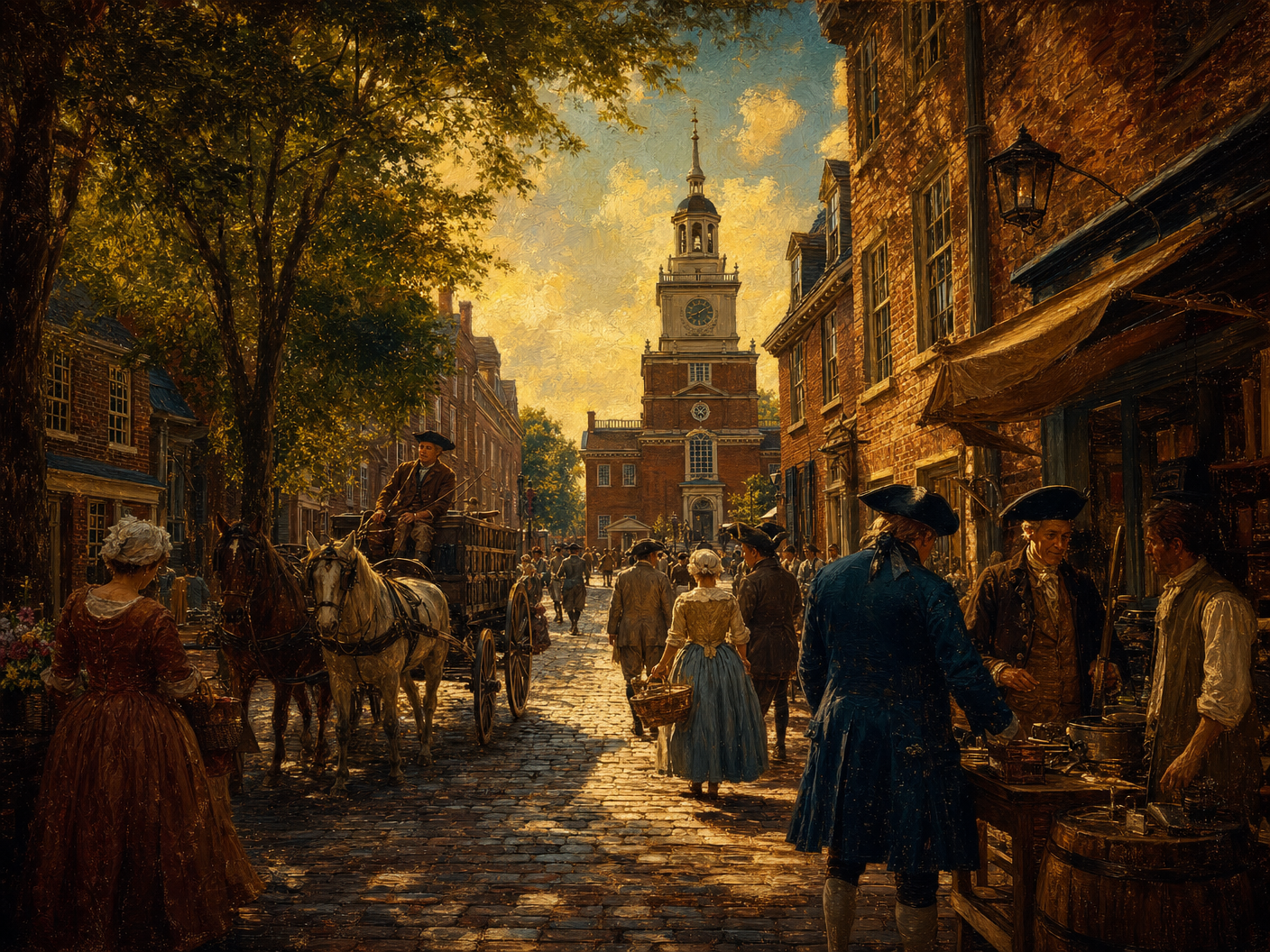 Cobblestone street scene in Philadelphia in 1787 with Independence Hall in the background