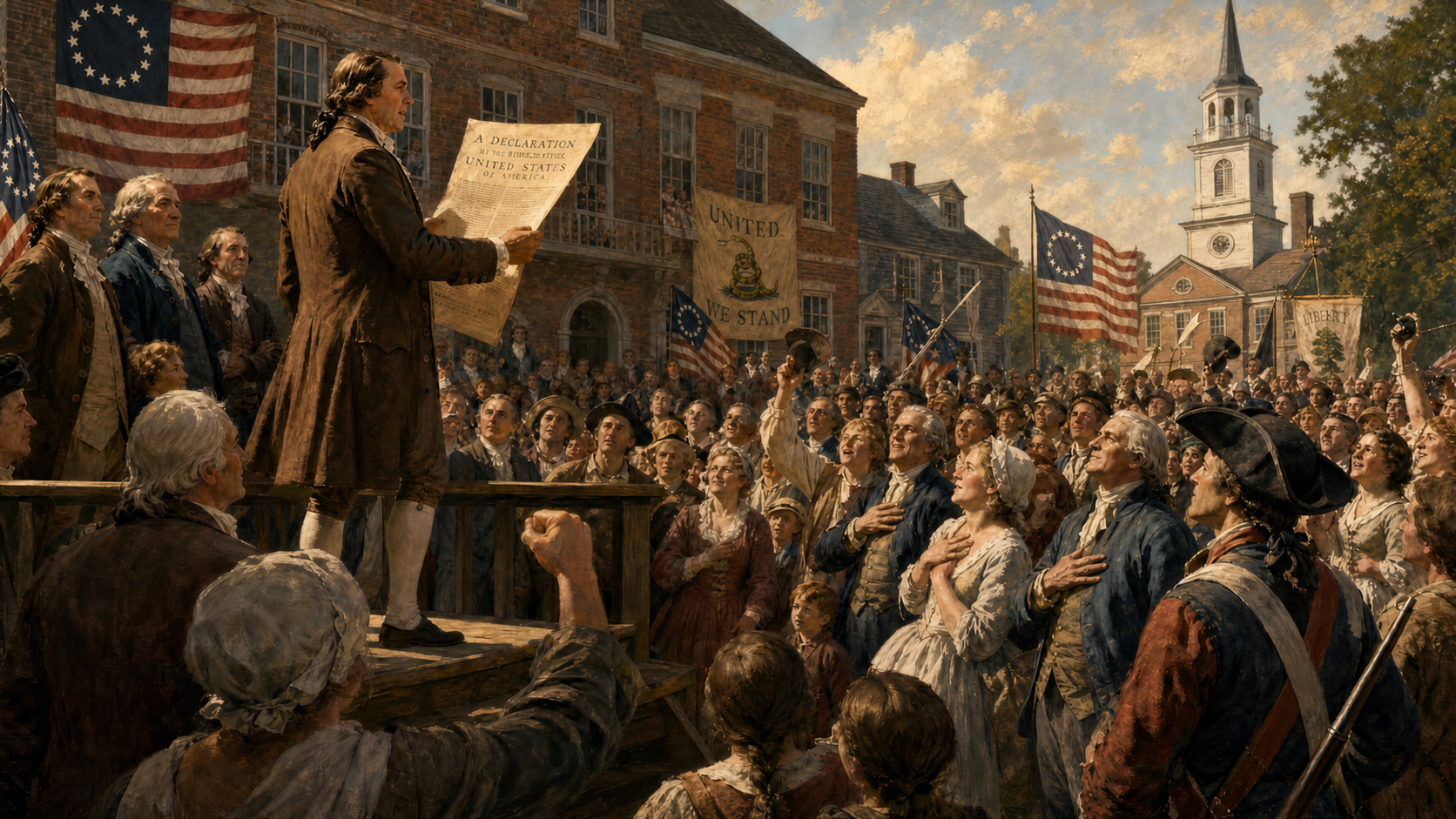 Colonial Americans gathered in a town square listening to the Declaration of Independence being read aloud