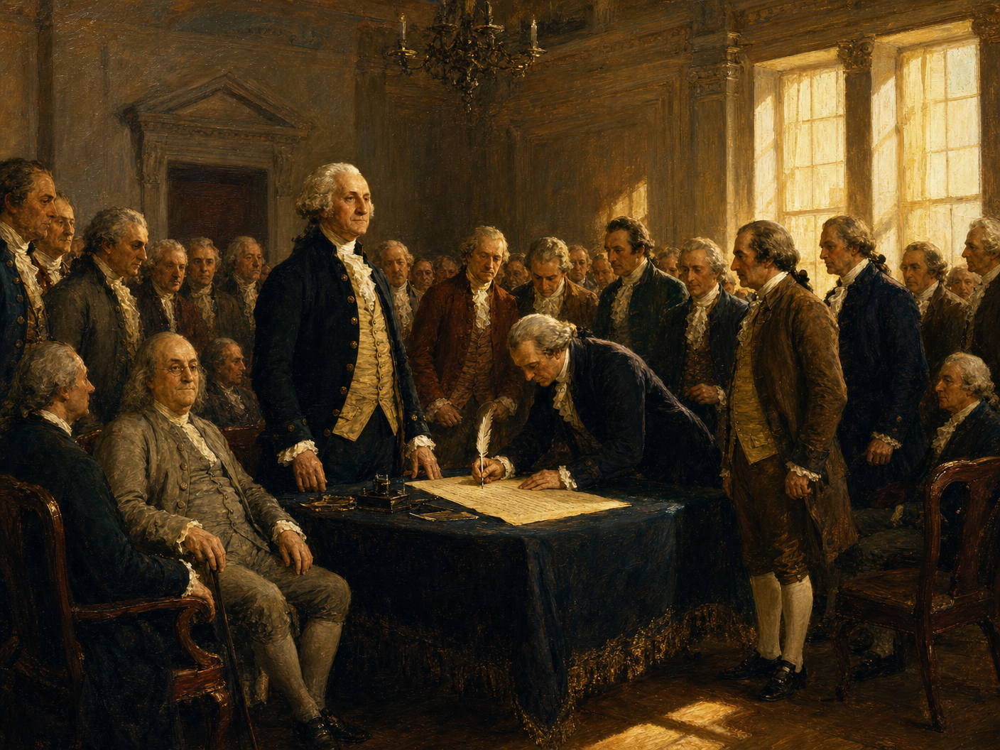 The signing of the Constitution of the United States on September 17 1787 with George Washington presiding