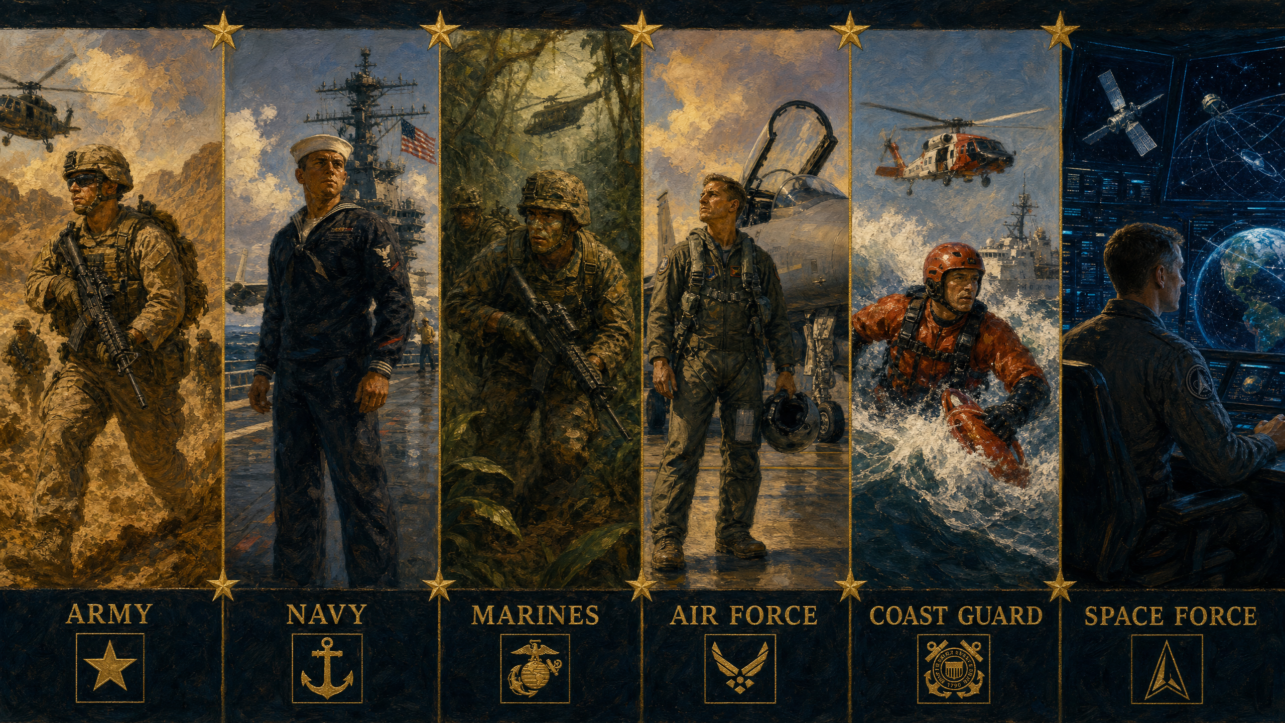 Six-panel oil painting collage showing each US military branch — Army, Navy, Marines, Air Force, Coast Guard, and Space Force — with service member portrait and branch emblem